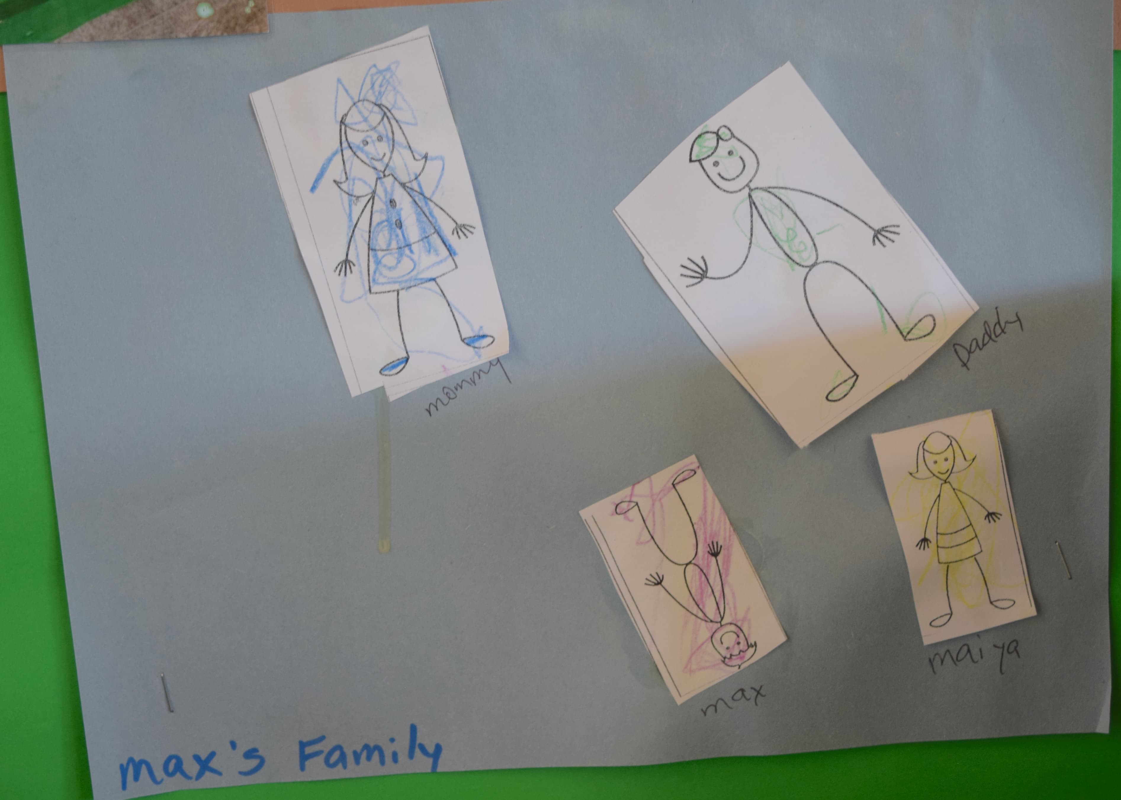 Children's family drawings on the classroom wall